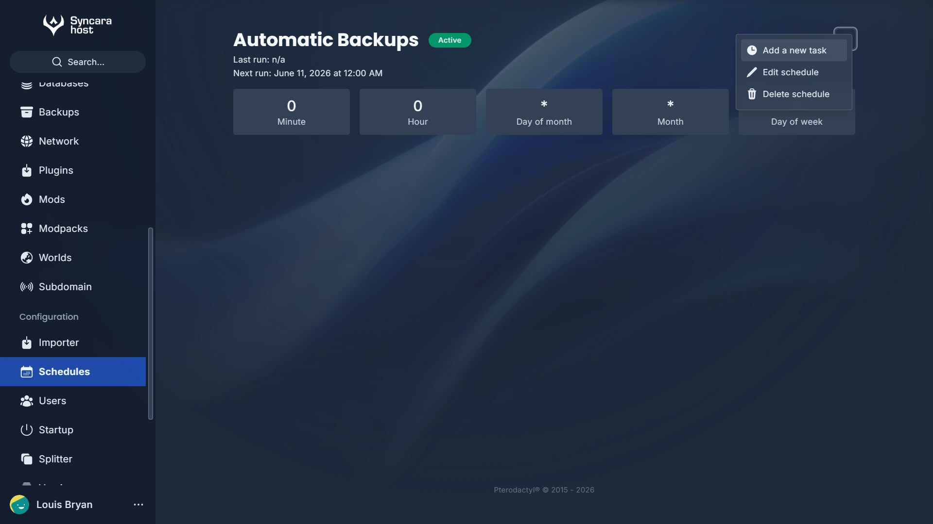 The schedule detail page for "Automatic Backups" showing the dropdown menu with options: "Add a new task", "Edit schedule", and "Delete schedule".