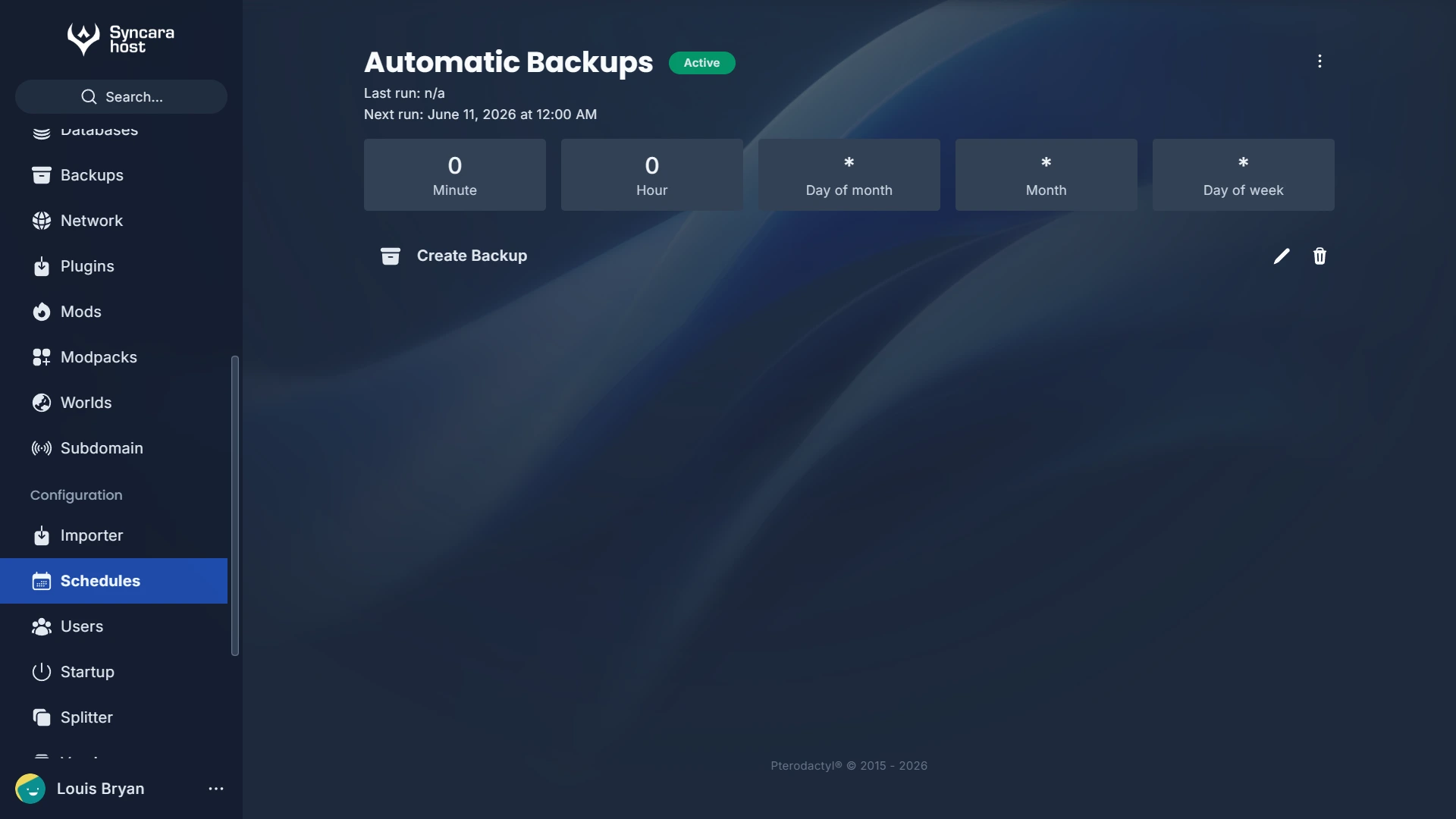 The schedule detail page showing the "Automatic Backups" schedule with Active status, next run time of June 11, 2026 at 12 AM, and the "Create Backup" task listed below.