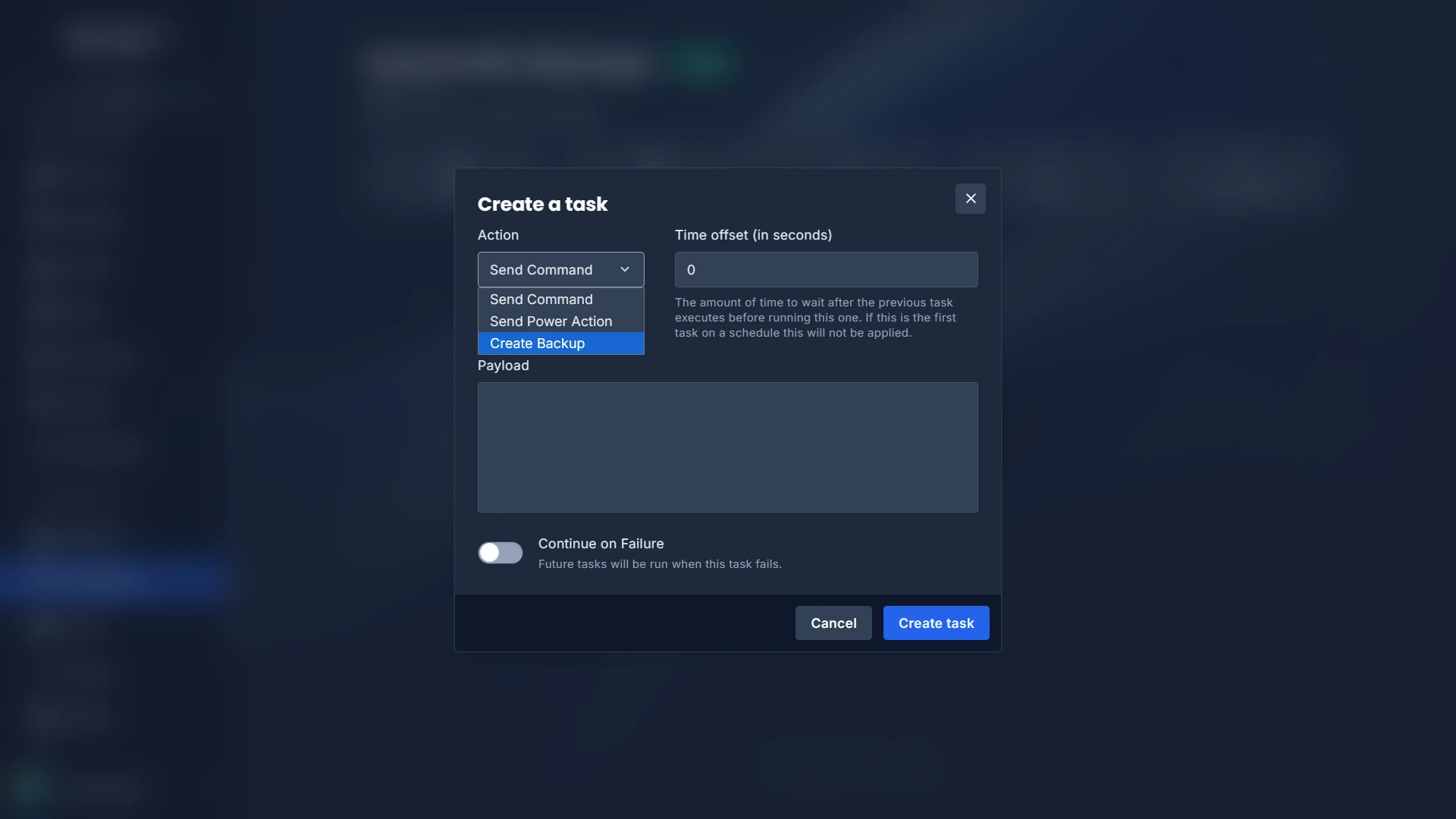 The "Create a task" modal showing the Action dropdown with "Create Backup" highlighted, Time offset set to 0, an empty Payload field, and the "Continue on Failure" toggle.