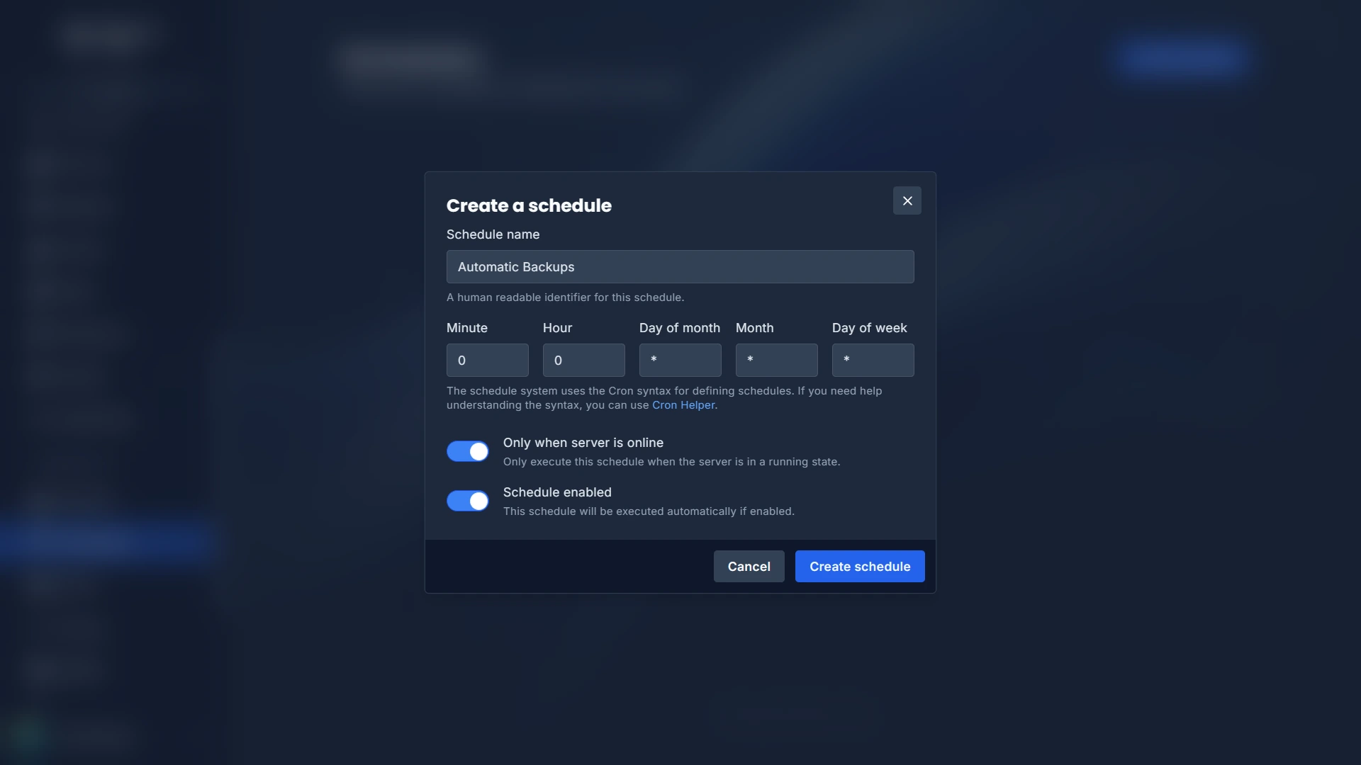 The "Create a schedule" modal showing the schedule name set to "Automatic Backups", Minute and Hour both set to 0, and the remaining fields set to wildcards.