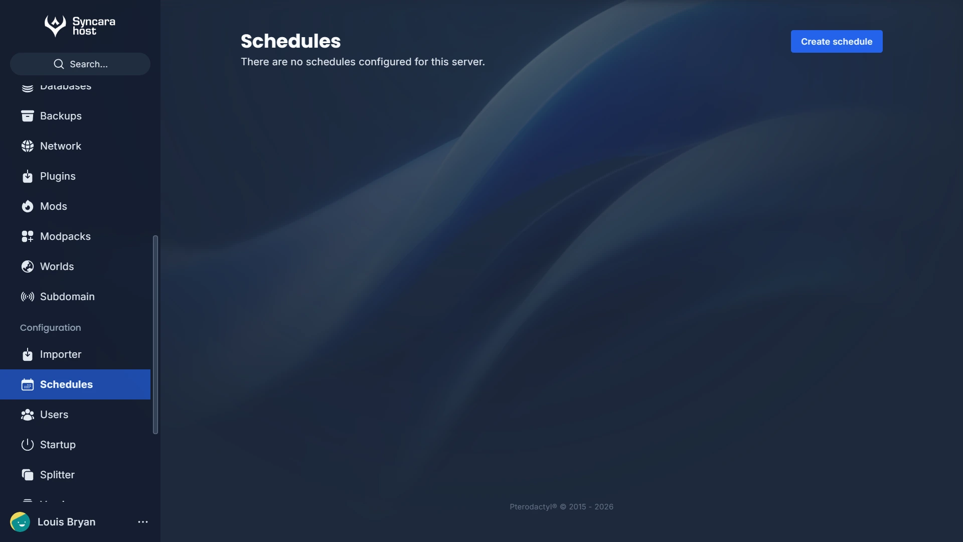 The Schedules page in the Rhino Panel showing no schedules configured yet, with a "Create schedule" button on the top right.