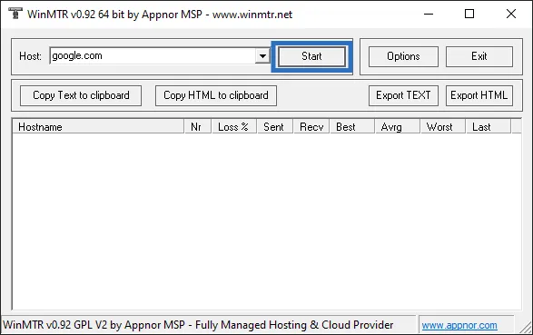 WinMTR diagnostic screenshot